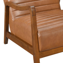 Load image into Gallery viewer, Brown Faux Leather Accent Chair – Modern Walnut Rubberwood Lounge Chair