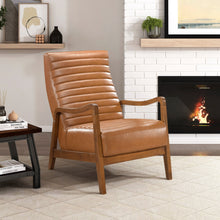 Load image into Gallery viewer, Brown Faux Leather Accent Chair – Modern Walnut Rubberwood Lounge Chair