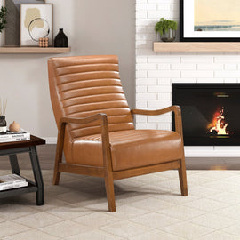 Brown Faux Leather Accent Chair – Modern Walnut Rubberwood Lounge Chair