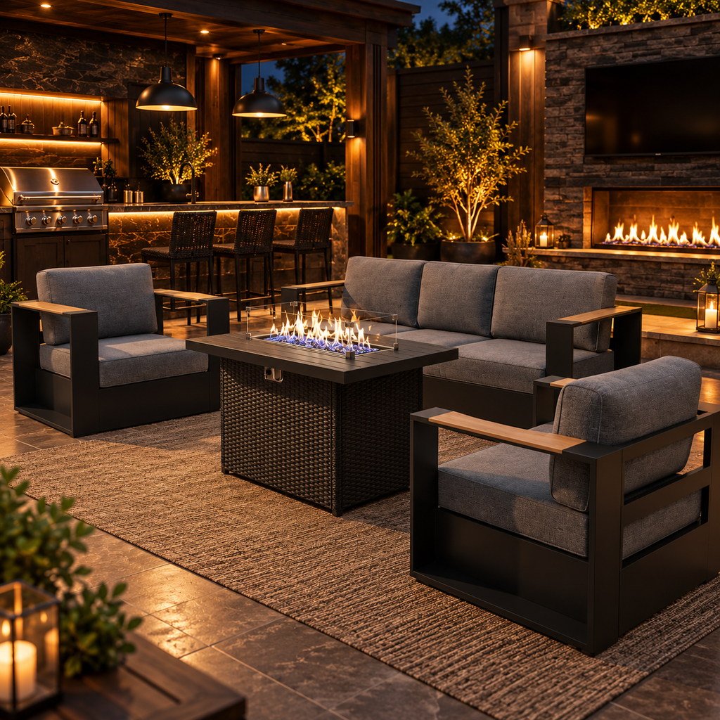 4-Piece Aluminum Patio Furniture Set with 55K BTU Fire Pit Table