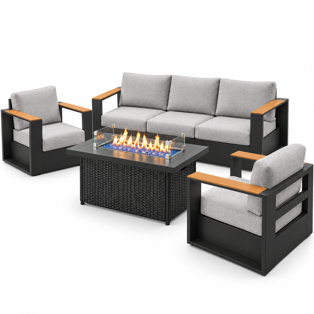 4-Piece Aluminum Patio Furniture Set with 55K BTU Fire Pit Table