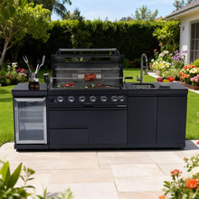 Load image into Gallery viewer, Castelle Flame Belmont 43-Inch 6-Burner 85K BTU Stainless Steel Outdoor BBQ Kitchen Grill Island With Wine Cooler, Rotisserie, And Sink (SAK19476)