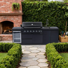 Load image into Gallery viewer, Castelle Flame Belmont 43-Inch 6-Burner 85K BTU Stainless Steel Outdoor BBQ Kitchen Grill Island With Wine Cooler, Rotisserie, And Sink (SAK19476)