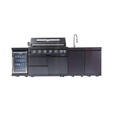 Load image into Gallery viewer, Castelle Flame Belmont 43-Inch 6-Burner 85K BTU Stainless Steel Outdoor BBQ Kitchen Grill Island With Wine Cooler, Rotisserie, And Sink (SAK19476)