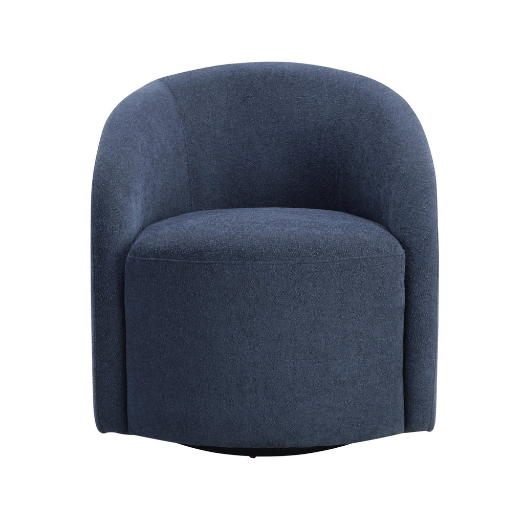 Blue Bouclé Swivel Barrel Chair – Luxury Modern Accent Chair with 360° Metal Base