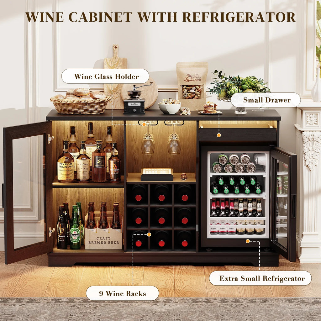 Wine Bar Cabinet with LED Lights & Fridge(Lncluded), Mini Fridge Cabinet with Wine Storage, Human Body Sensor, Sideboard Buffet for Kitchen Dining Room, Black