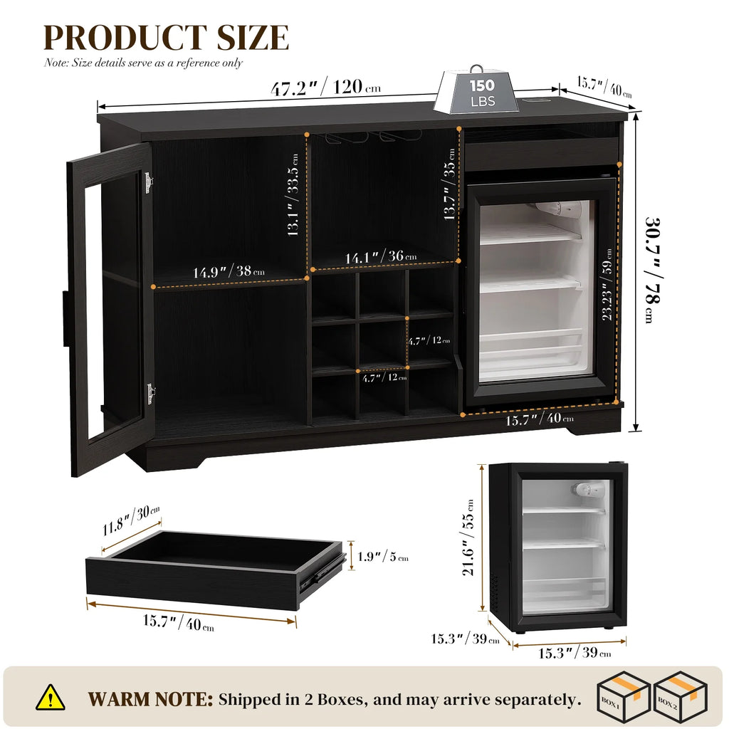 Wine Bar Cabinet with LED Lights & Fridge(Lncluded), Mini Fridge Cabinet with Wine Storage, Human Body Sensor, Sideboard Buffet for Kitchen Dining Room, Black