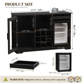 Wine Bar Cabinet with LED Lights & Fridge(Lncluded), Mini Fridge Cabinet with Wine Storage, Human Body Sensor, Sideboard Buffet for Kitchen Dining Room, Black