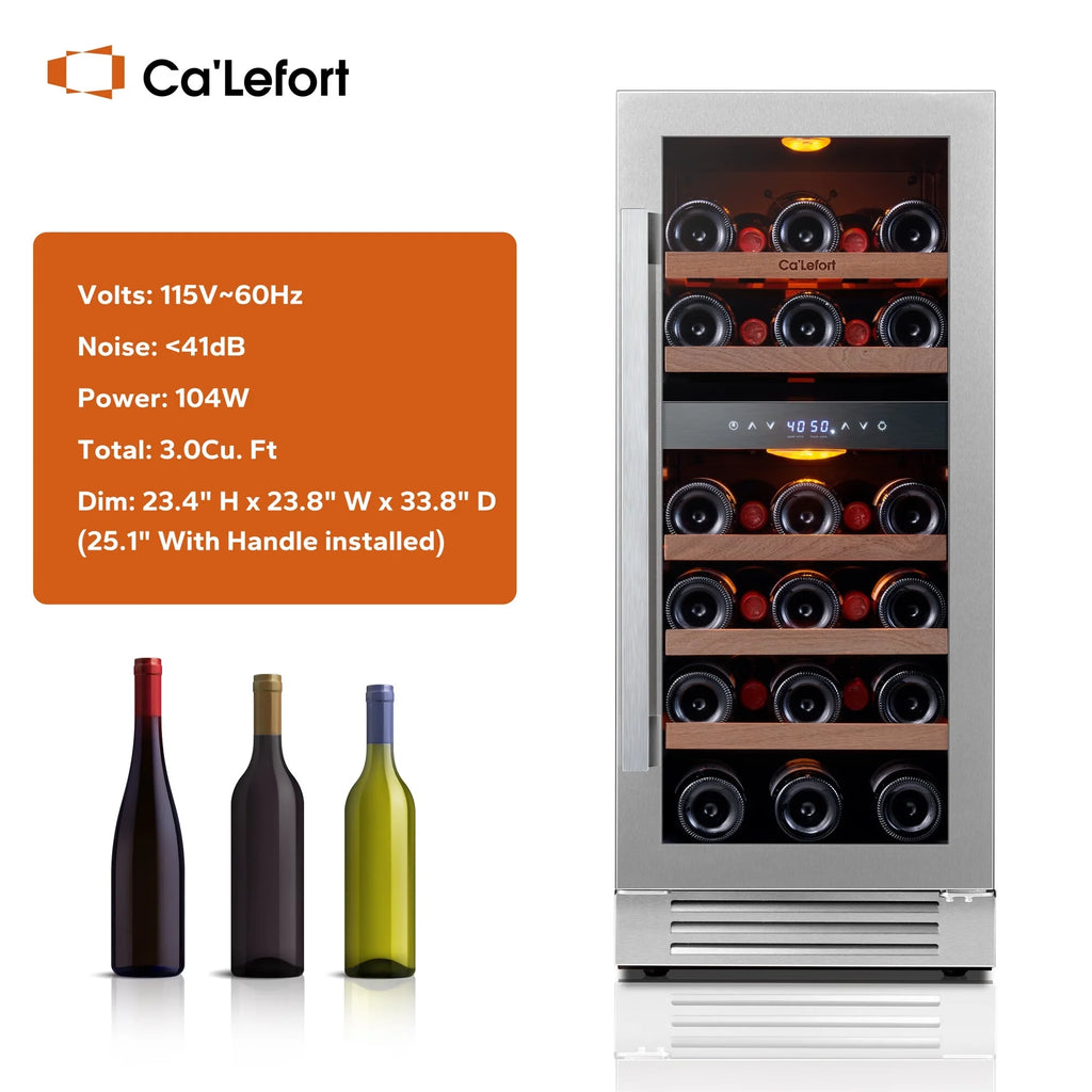 15 Inch Wine Fridge, 28 Bottle Dual Zone Wine Cooler Refrigerator with Glass Door for Home/Office, Built-In & Freestanding
