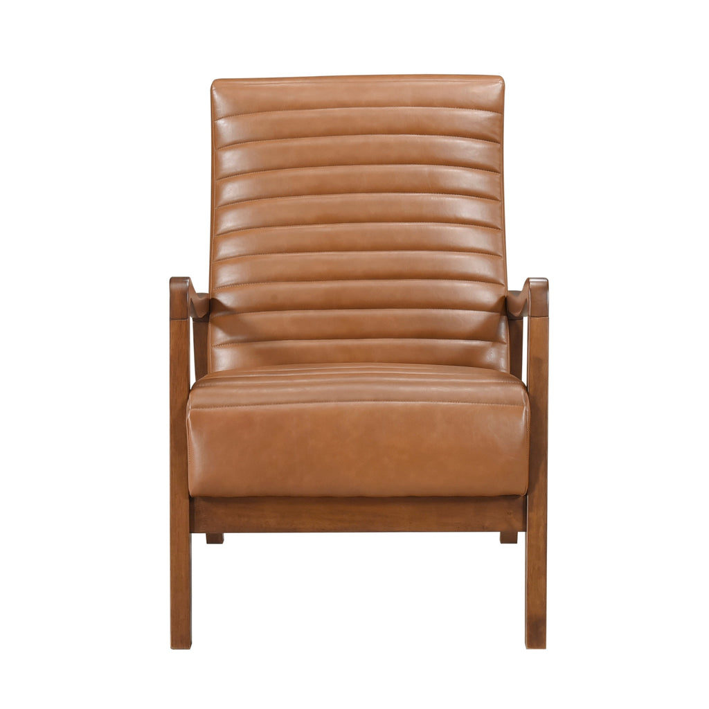 Brown Faux Leather Accent Chair – Modern Walnut Rubberwood Lounge Chair