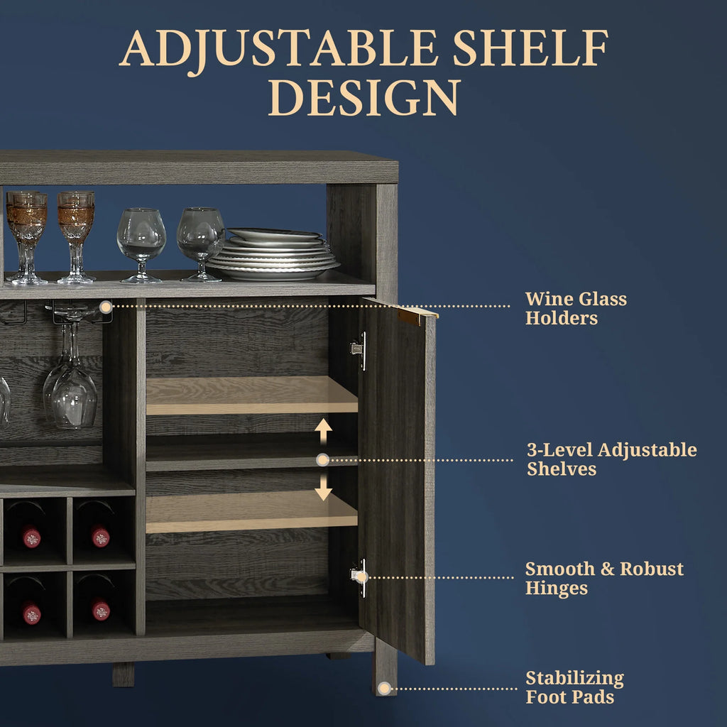 Bar Cabinet with Wine Rack, Wine Bar Buffet Cabinet with Storage, Liquor Bar Buffet Sideboard, Midnight Oak