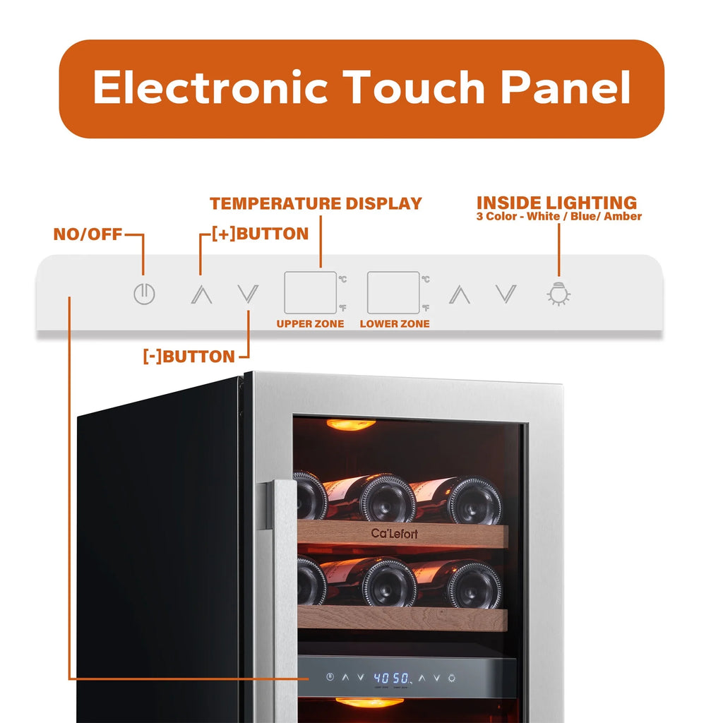 15 Inch Wine Fridge, 28 Bottle Dual Zone Wine Cooler Refrigerator with Glass Door for Home/Office, Built-In & Freestanding