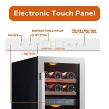 Load image into Gallery viewer, 15 Inch Wine Fridge, 28 Bottle Dual Zone Wine Cooler Refrigerator with Glass Door for Home/Office, Built-In &amp; Freestanding