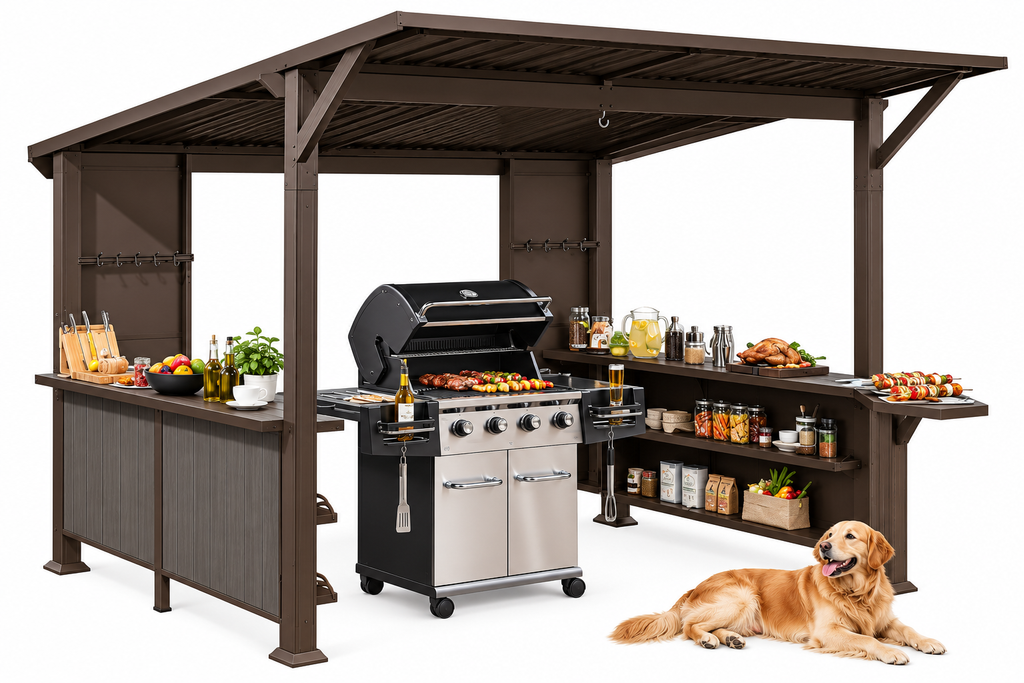 9 x 10 Ft Outdoor Hardtop Grill Gazebo with Shelves