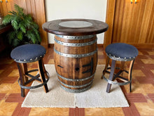 Load image into Gallery viewer, Whiskey &amp; Wine Barrel Pub Set — Limited Colorways, Glass Top, Cabinet Storage