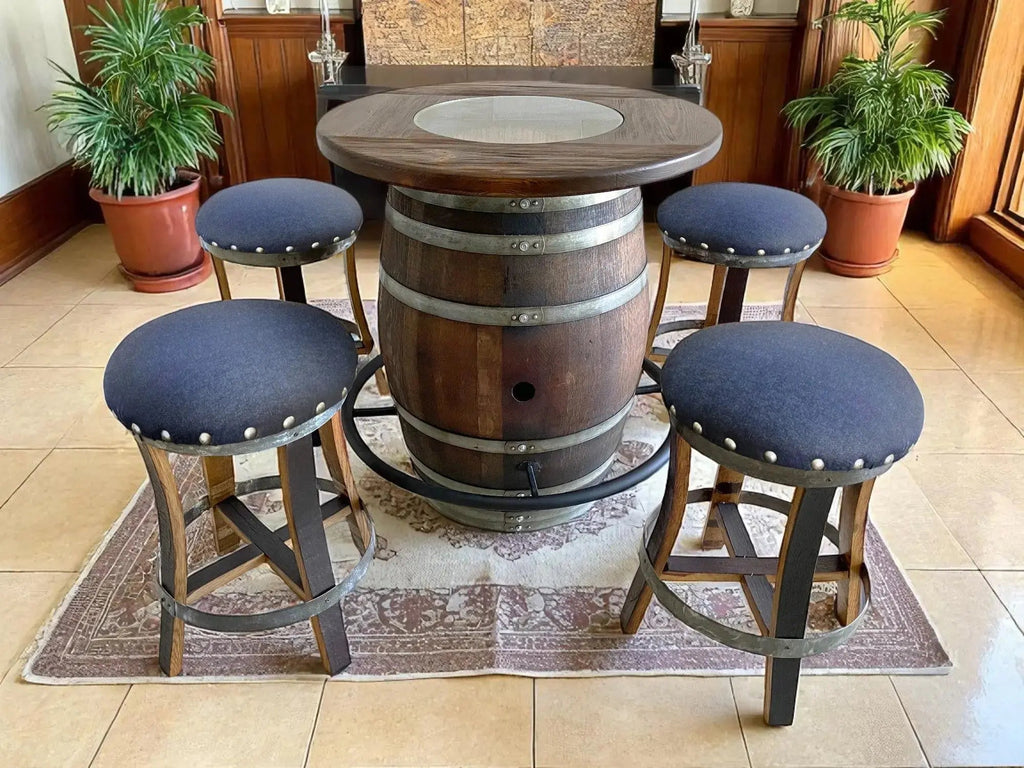 Whiskey & Wine Barrel Bistro Pub Set — Glass Top, Foot Rail