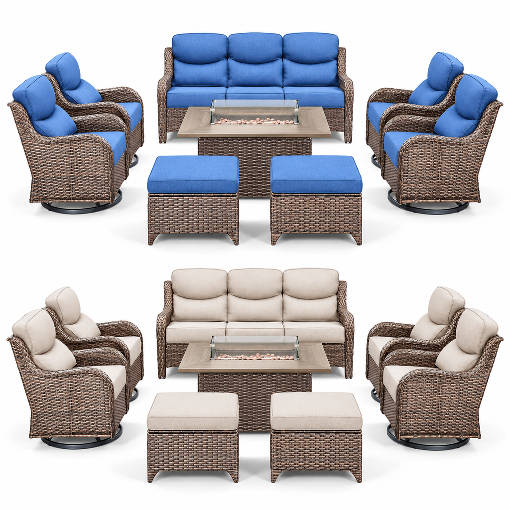 Luxury 8-Piece Outdoor Wicker Patio Furniture Set with Fire Pit Table