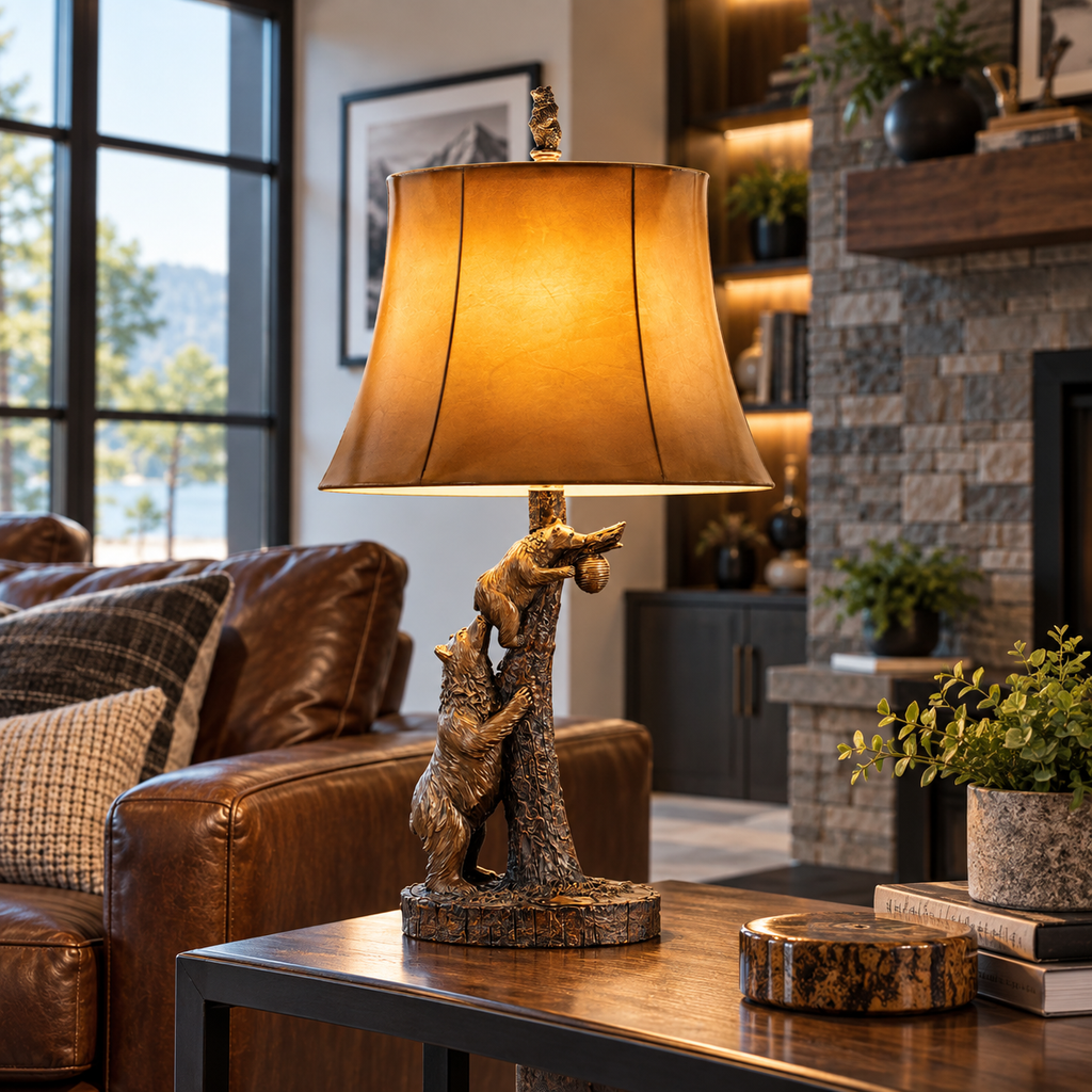 Cal Lighting Bear & Cub Resin Table Lamp with Leatherette Shade