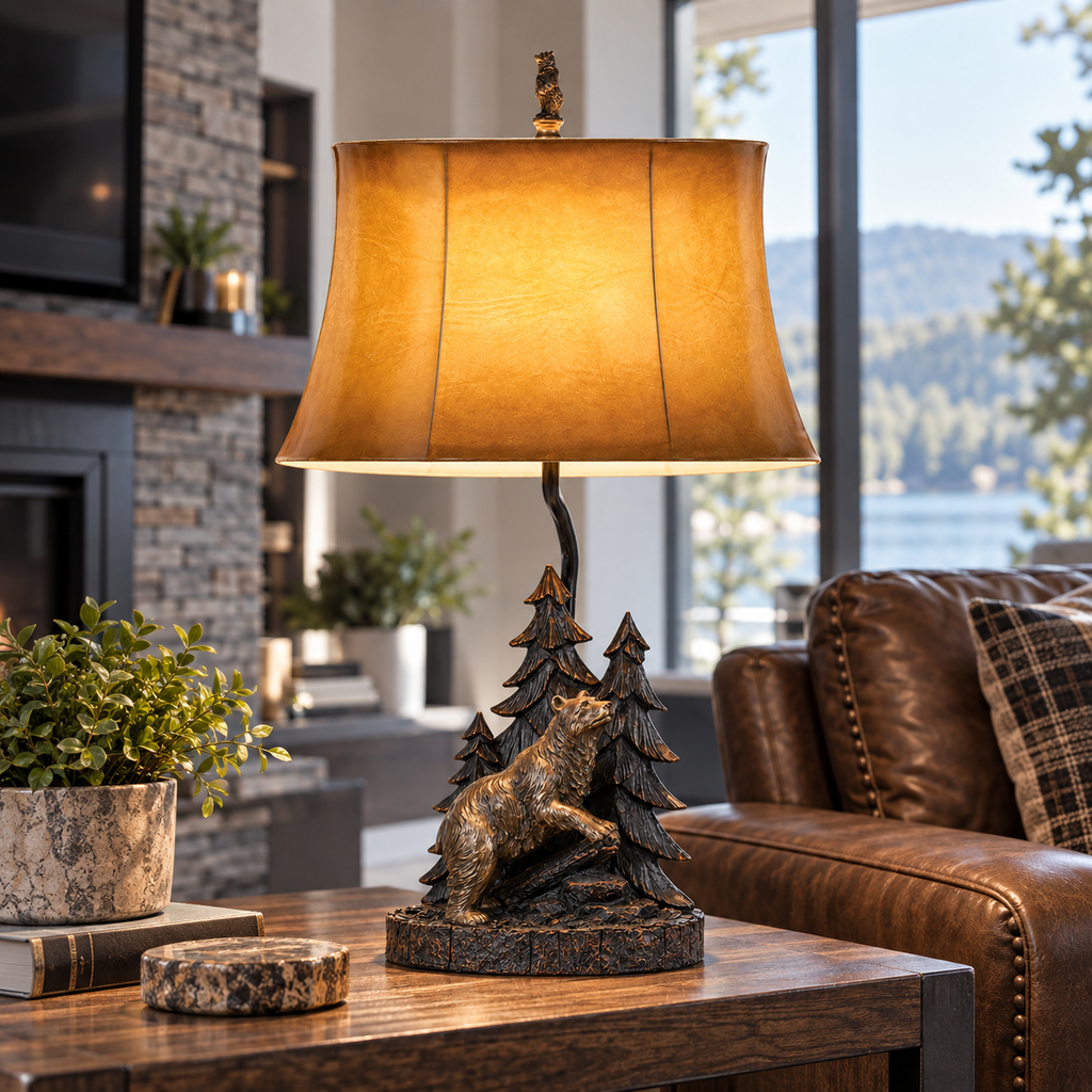 Cal Lighting Forest Bear Resin Table Lamp with Leatherette Shade - Antique Bronze