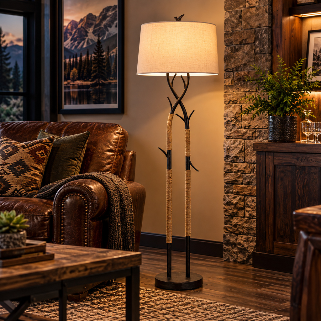 Cal Lighting Pecos Tree Branch Floor Lamp with Linen Shade - Black Iron