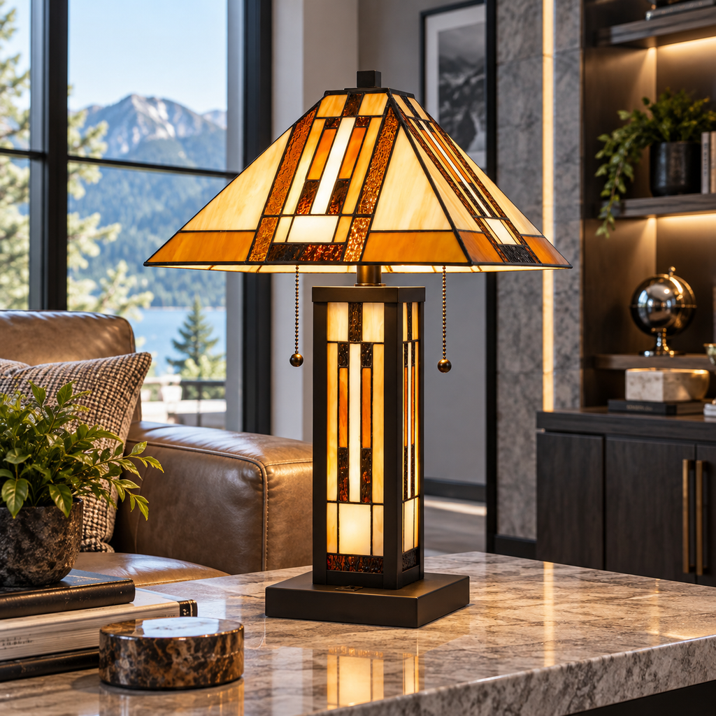 Cal Lighting Tiffany Art Glass Table Lamp with Night Light - Dark Bronze