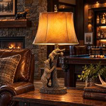 Load image into Gallery viewer, Cal Lighting Bear &amp; Cub Resin Table Lamp with Leatherette Shade