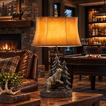 Load image into Gallery viewer, Cal Lighting Forest Bear Resin Table Lamp with Leatherette Shade - Antique Bronze