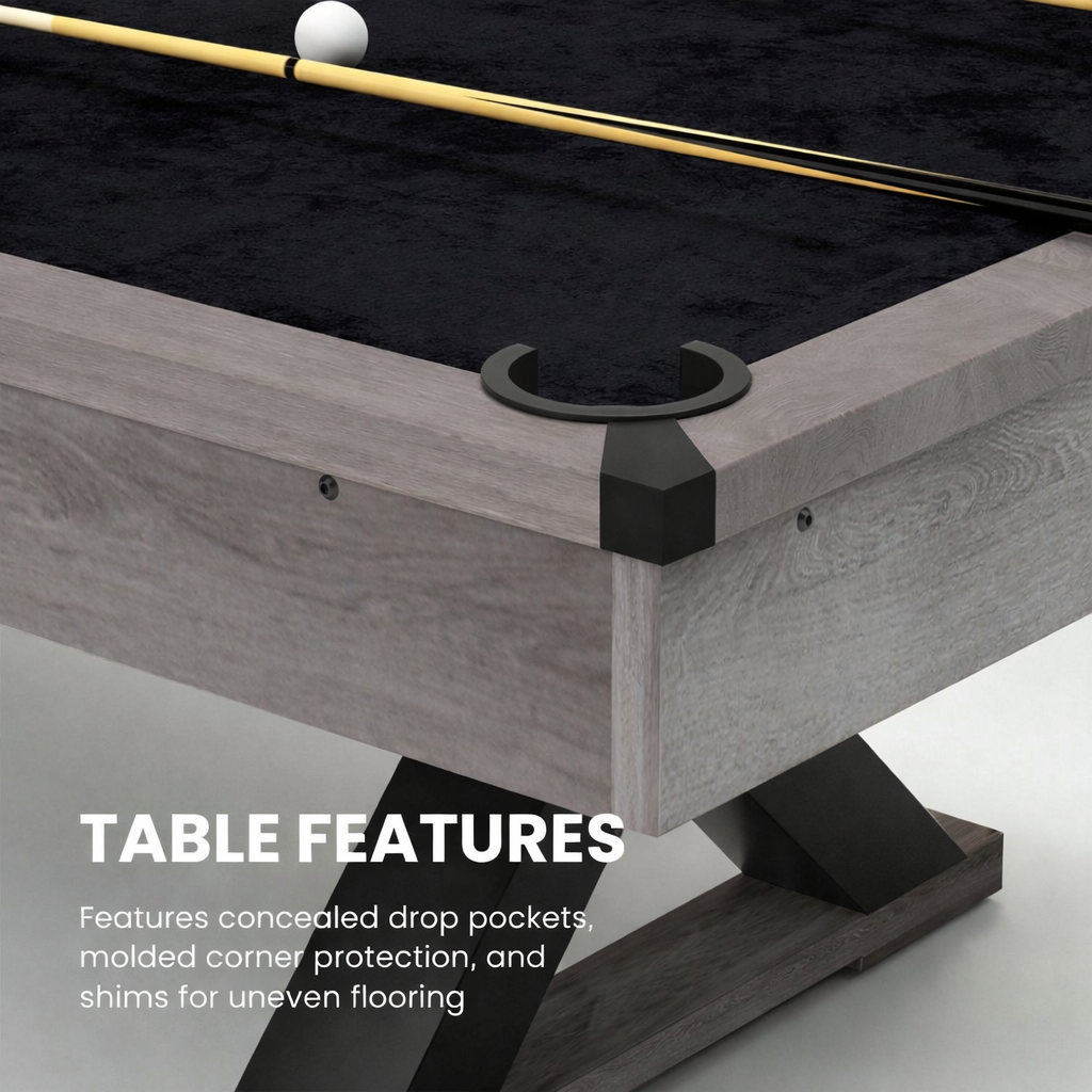 84-Inch Rustic Gray Pool Table – X-Leg Design