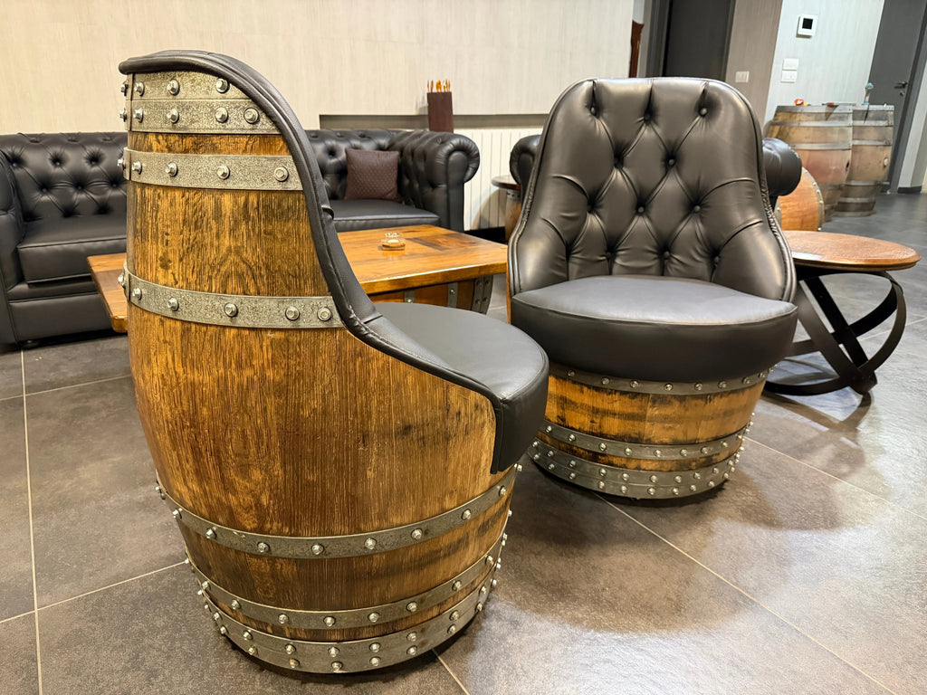 Luxury Whiskey & Wine Barrel Captain Chair — Memory Foam, Brown Upholstery (October Pre-Order)