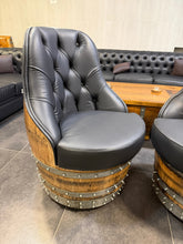 Load image into Gallery viewer, Luxury Whiskey &amp; Wine Barrel Captain Chair — Memory Foam, Brown Upholstery (October Pre-Order)