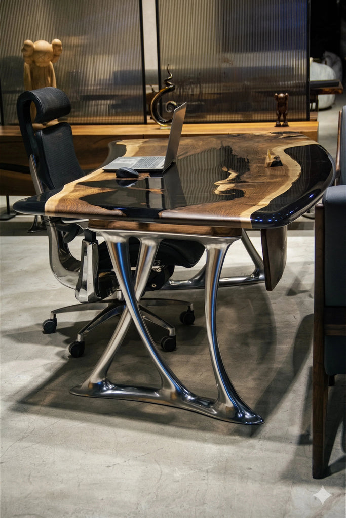 Luxury D-Shaped Walnut & Epoxy Executive Desk