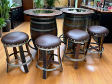 Load image into Gallery viewer, Whiskey &amp; Wine Barrel Double Bar Set — Wood or Glass Top, 0–8 Stools