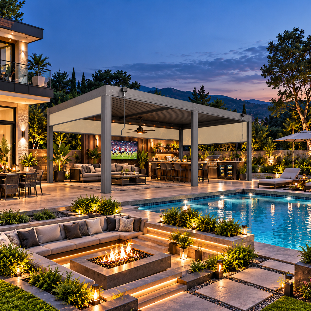 Louvered Aluminum Pergola with Adjustable Roof & Privacy Screens