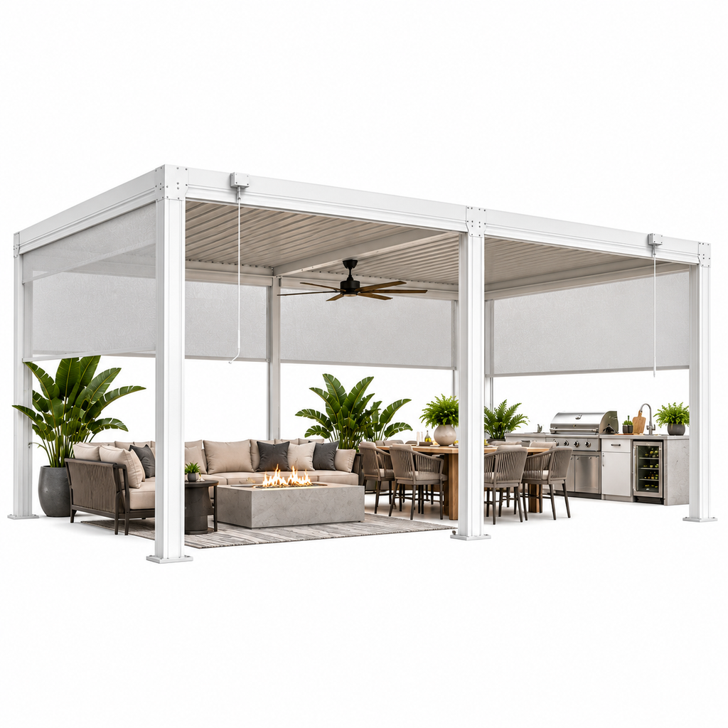 Louvered Aluminum Pergola with Adjustable Roof & Privacy Screens