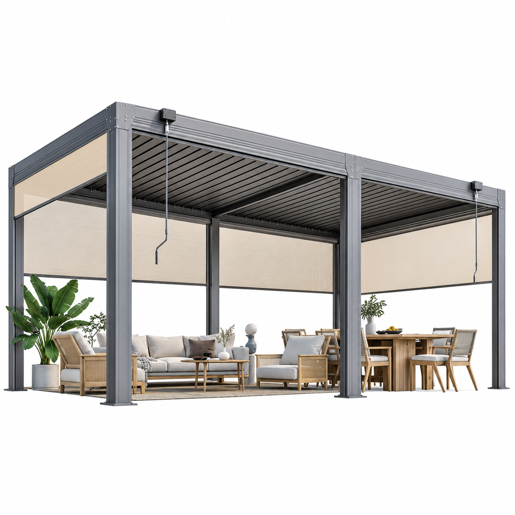 Louvered Aluminum Pergola with Adjustable Roof & Privacy Screens