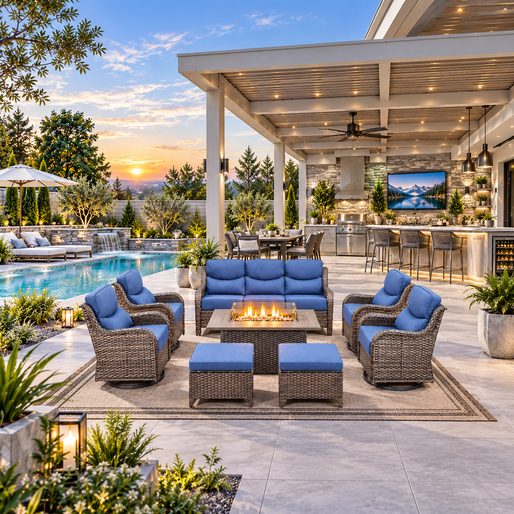 Luxury 8-Piece Outdoor Wicker Patio Furniture Set with Fire Pit Table