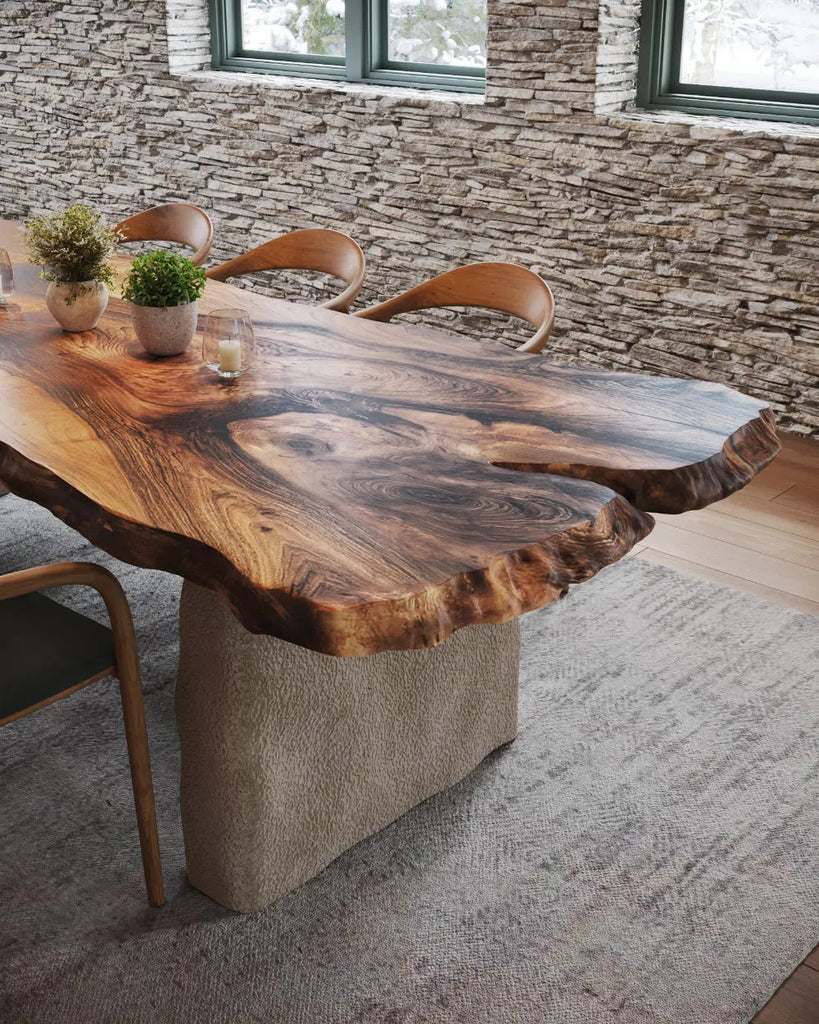Wabi Sabi Style Luxury Solid Wood Walnut Table with Stone Inspired Legs