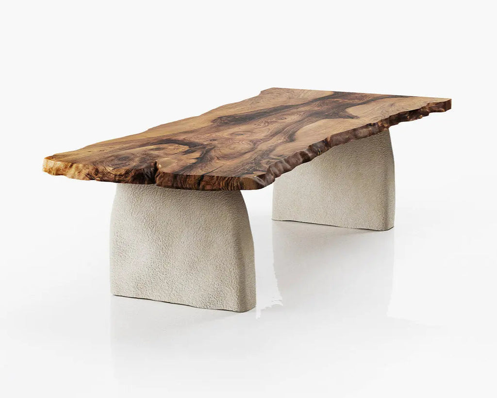 Wabi Sabi Style Luxury Solid Wood Walnut Table with Stone Inspired Legs