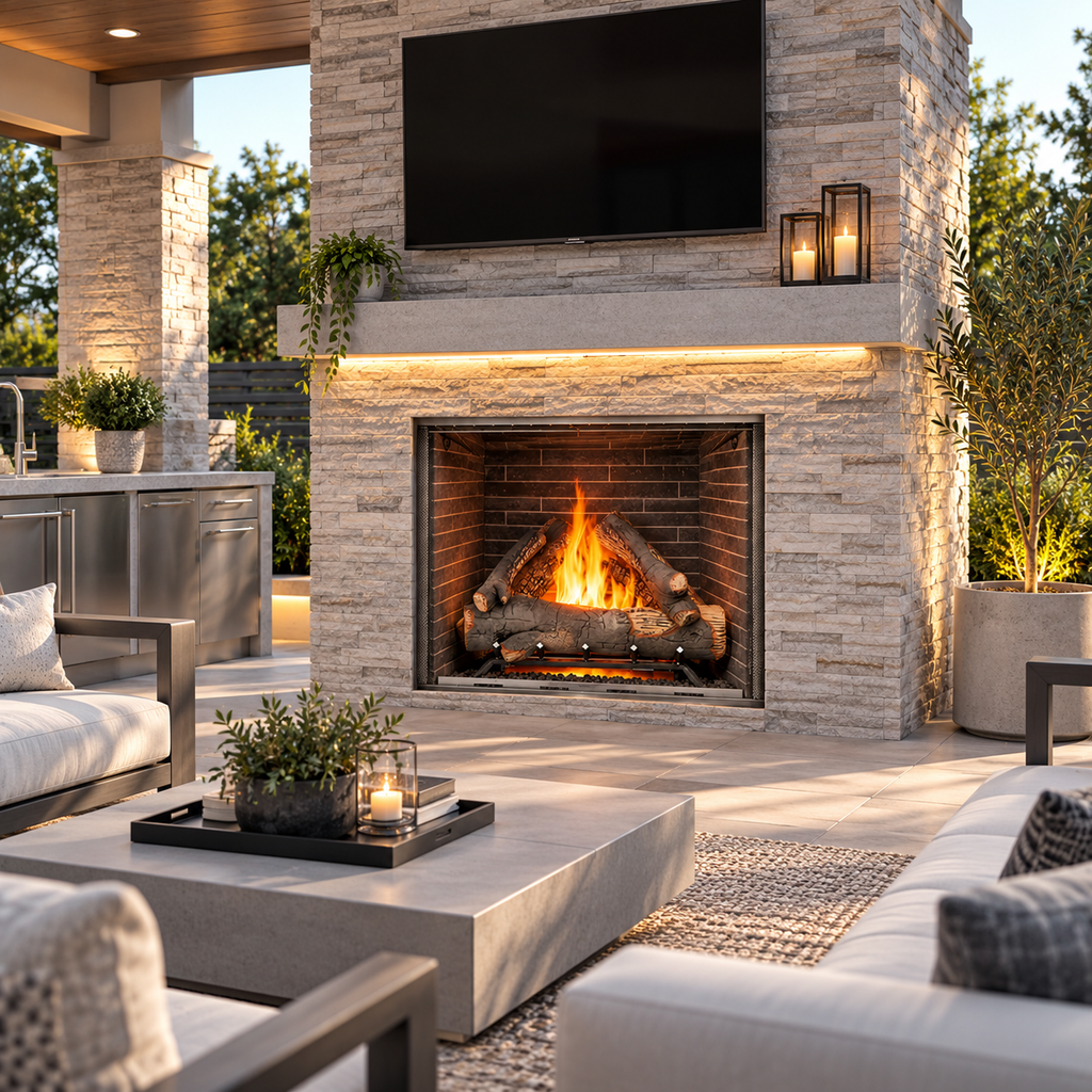 Majestic Traditional Stacked Brick Courtyard Outdoor Gas Fireplace