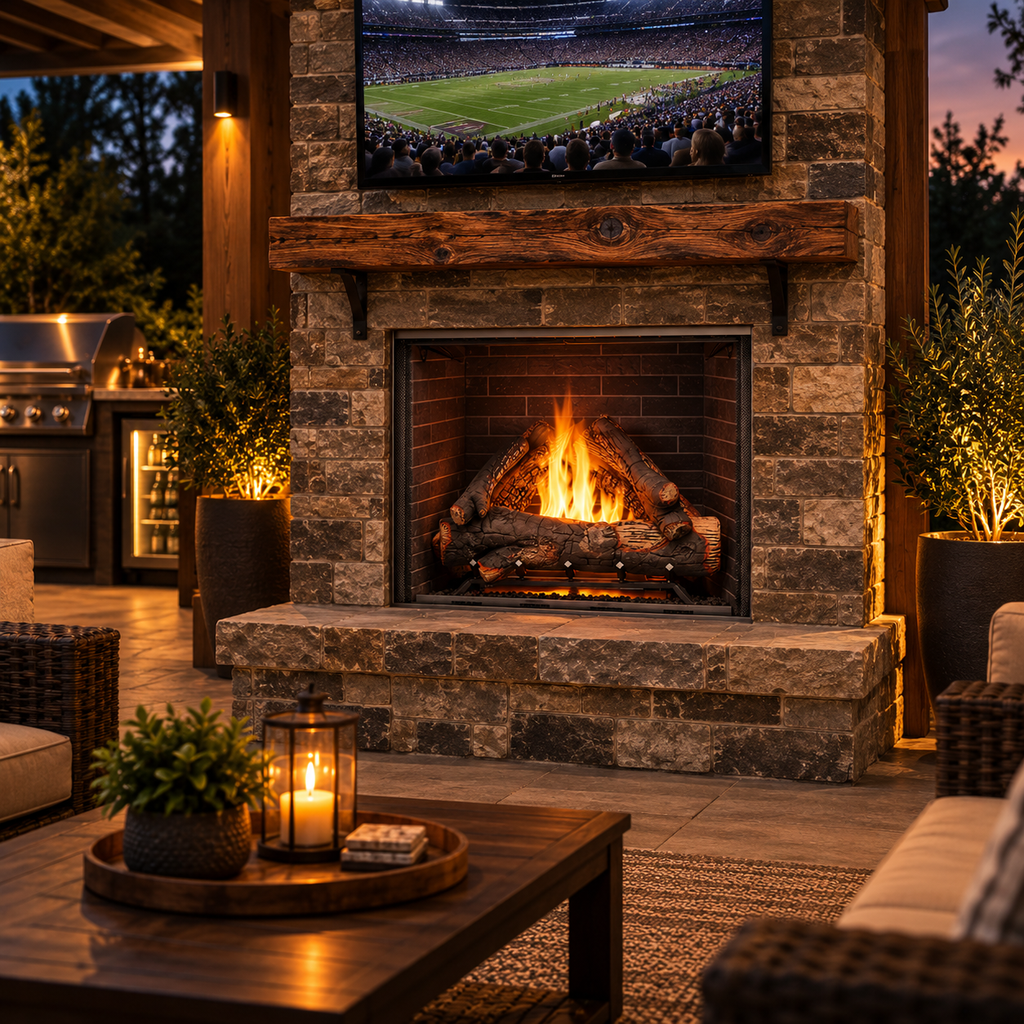 Majestic Traditional Stacked Brick Courtyard Outdoor Gas Fireplace
