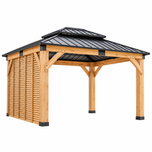 Load image into Gallery viewer, 12 x 14 FT Double-Tier Hardtop Spruce Wood Gazebo with Privacy Wall