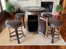 Load image into Gallery viewer, Whiskey &amp; Wine Barrel Pub Set — 4 Stools, Counter Height, Cabinet Storage