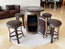 Load image into Gallery viewer, Whiskey &amp; Wine Barrel Pub Set — 4 Stools, Counter Height, Cabinet Storage