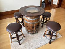 Load image into Gallery viewer, Whiskey &amp; Wine Barrel Pub Set — 4 Stools, Counter Height, Cabinet Storage