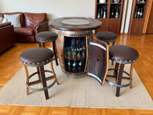 Load image into Gallery viewer, Whiskey &amp; Wine Barrel Pub Set — 4 Stools, Counter Height, Cabinet Storage