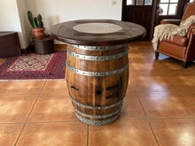 Load image into Gallery viewer, Whiskey &amp; Wine Barrel Pub Set — 4 Stools, Counter Height, Cabinet Storage