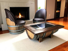 Load image into Gallery viewer, Whiskey &amp; Wine Barrel Coffee Table — Glass Top, Hidden Storage