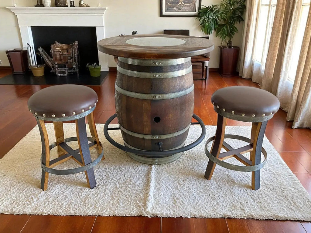 Whiskey & Wine Barrel Bistro Pub Set — Glass Top, Foot Rail