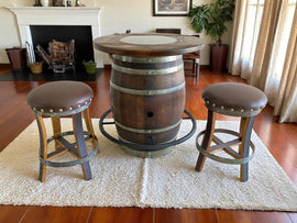 Whiskey & Wine Barrel Bistro Pub Set — Glass Top, Foot Rail