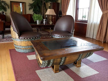 Load image into Gallery viewer, Whiskey &amp; Wine Barrel Coffee Table — Glass Top, Hidden Storage